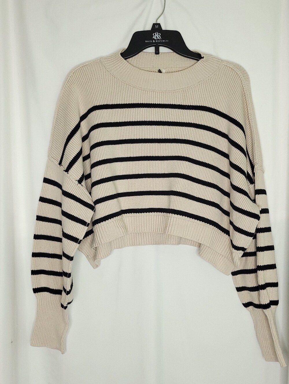FREE PEOPLE Easy Street Striped Cropped Ribbed Oversized Pullover Sweater SMALL